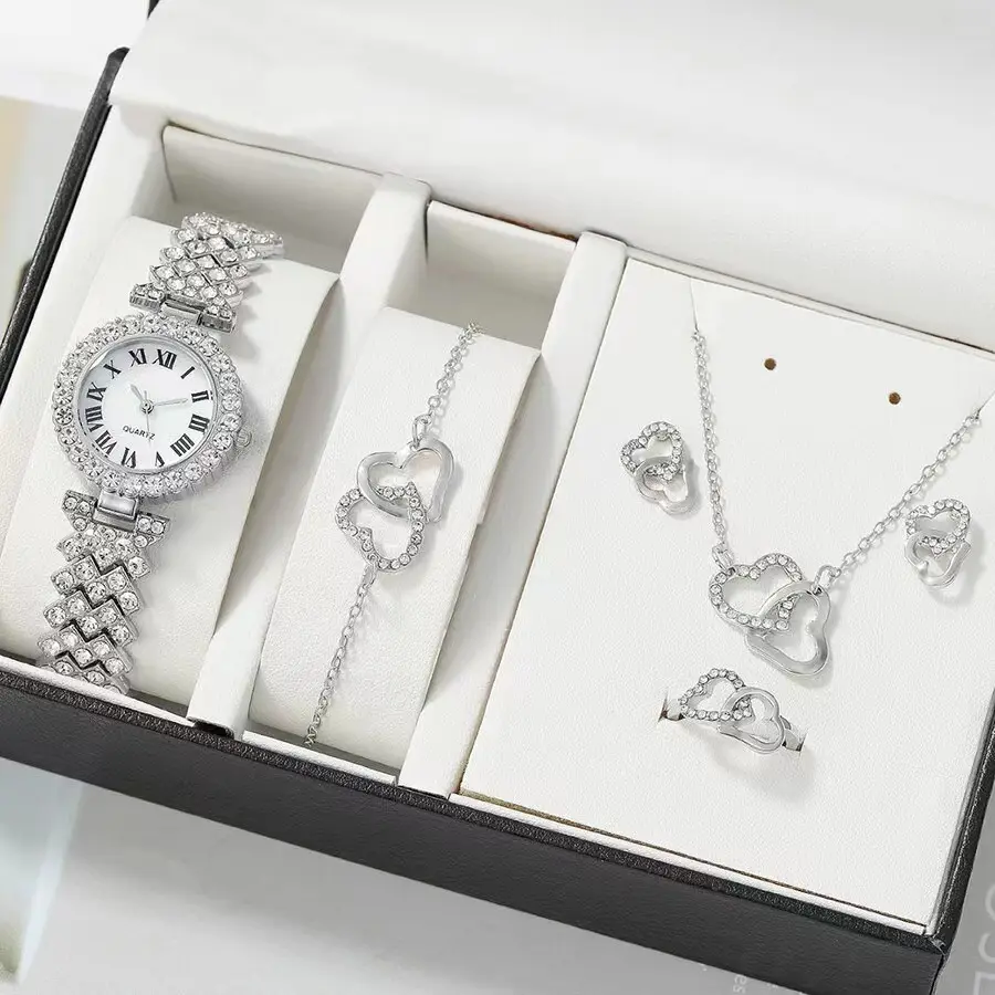 5PCS Set Glänzende Luxus uhr Damen Ring Halskette Ohrring Strass Mode Armbanduhr Lässige Damen uhren Armband Set