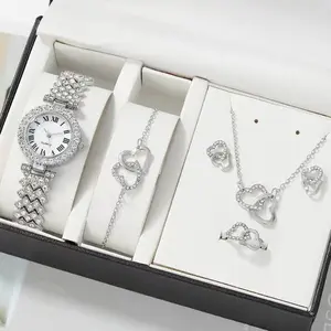 5PCS Set Shiny Luxury Watch Women Ring Necklace Earring Rhinestone Fashion Wristwatch Casual Ladies Watches Bracelet Set