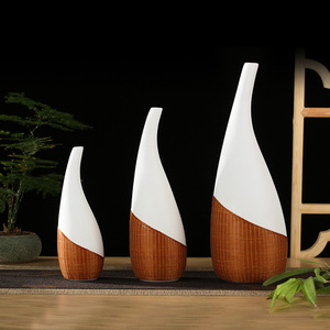 Handmade Bamboo Woven Ceramic Vase Asian Zen Style Desktop Decor For Tea Room Home Flower Arrangement - Product Image 5