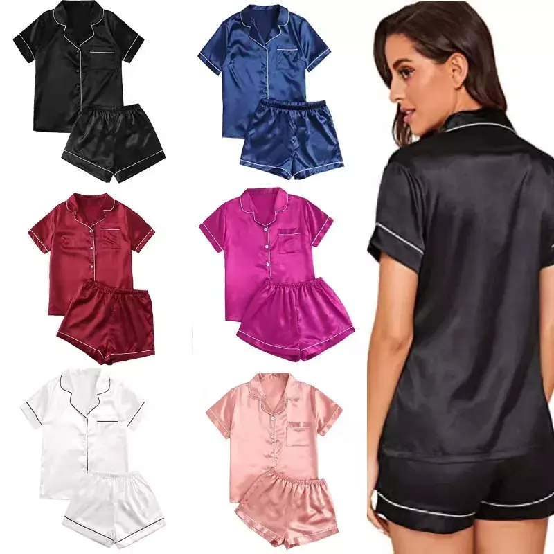 Custom Design Logo Drop Shipping Solid Silk Short Sleeve Two Piece Luxury Satin Women Pajamas Set