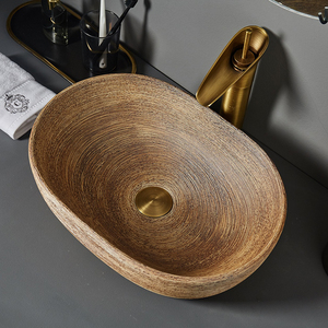 Lavabo de salle de bain en céramique LJ24-066-074, lavabo ovale, couleur <span class=keywords><strong>bois</strong></span> grainé, lavabo rétro de salle de bain - Product Image 3