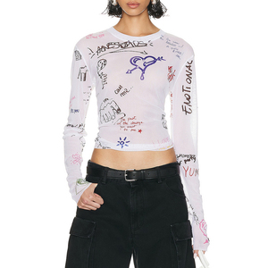 Magliette a rete da <span class=keywords><strong>donna</strong></span> Sexy <span class=keywords><strong>Slim</strong></span> <span class=keywords><strong>Fit</strong></span> a maniche lunghe con stampa grafica personalizzata di alta qualità - Product Image 4