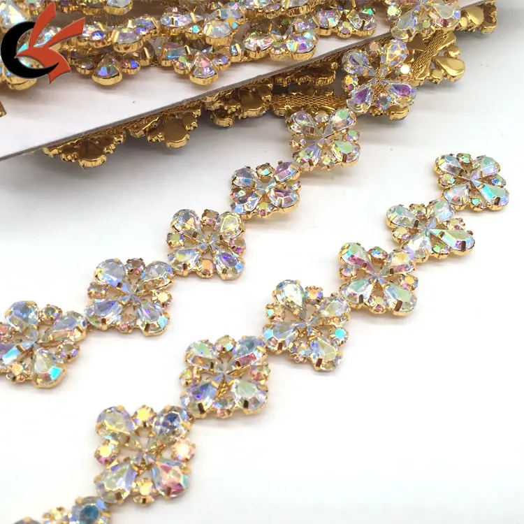 Wholesale jewelry custom fashion women metal bridal lace flower rhinestone acrylic ab crystal trim for clothing