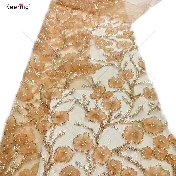 3D çiçek şekli dekoratif boncuklu renkli nakış desen elbise Keering WFB-227 için şifon kumaş