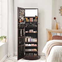 Armoire à Bijoux Pivotante Moderne en Bois P2 avec Miroir Pleine Longueur et Lumières LED, Étagères de Rangement Verrouillables à 360 Degrés