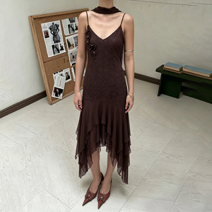 Vintage <b>Boho</b> Lace Spaghetti Strap Backless Midi Dress Women Sexy Irregular Ruffle Hem Party Cocktail Dress with Ribbon <b>Necklace</b> - Product Image 1