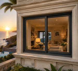 Fenêtre <span class=keywords><strong>coulissante</strong></span> <span class=keywords><strong>horizontale</strong></span> en aluminium de luxe pour villa, sur mesure, en aluminium 6063-T5, revêtement poudré AkzoNobel, vue panoramique sur les toits. - Product Image 1