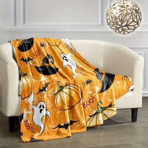 Halloween Theme Plush Throw Blanket Orange With Ghost Pumpkin <b>Witch</b> <b>Hat</b> Pattern Anti-Pilling Machine Washable Home Use - Product Image 1