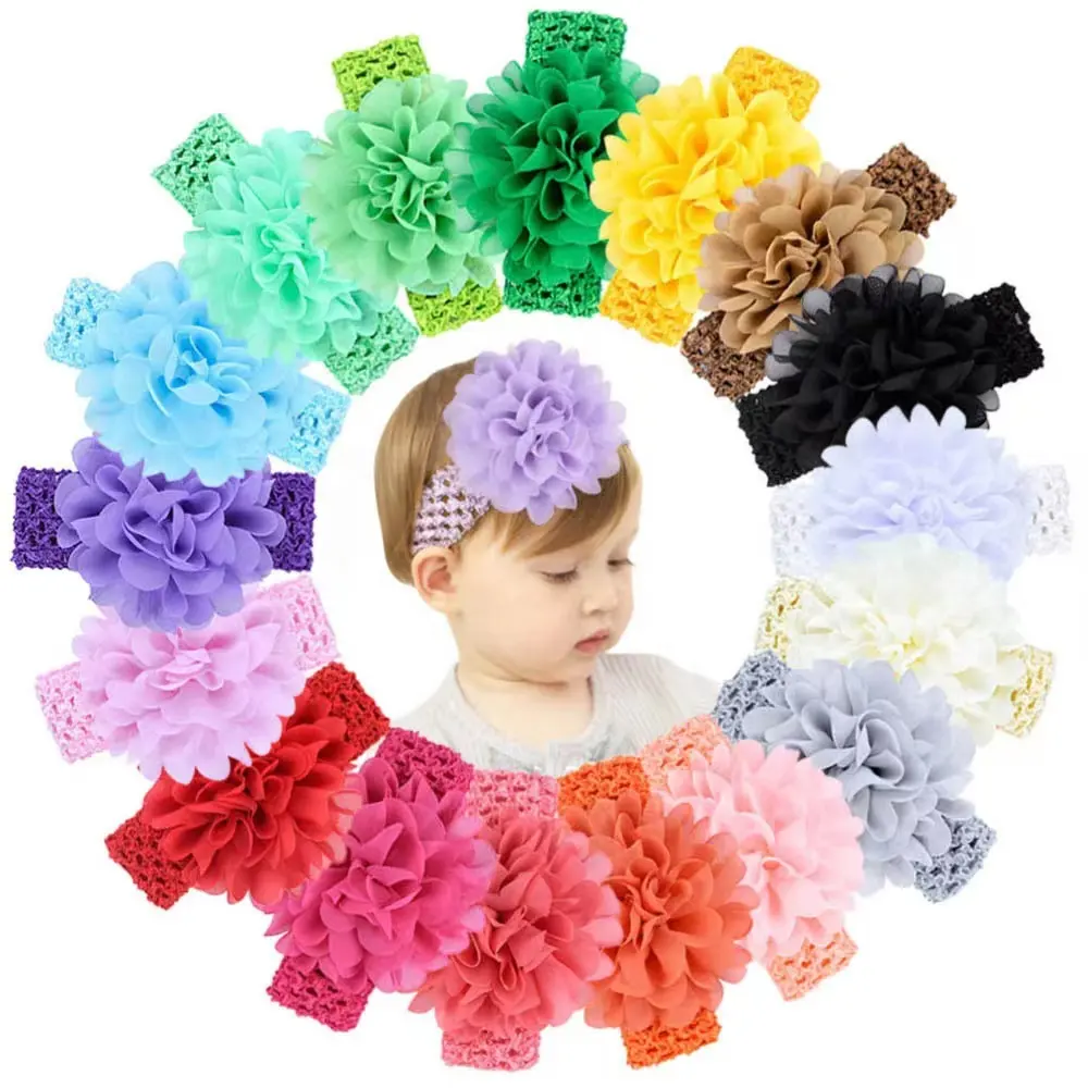 Diadema de gasa con flores para niña, accesorios para el cabello para recién nacidos y niños, bandana elástica suave, 20 colores, venta al por mayor, OKX992