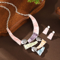 2025 gros Vintage coloré peinture à l'huile rose bleu collier ensemble évidé géométrique boucles d'oreilles collier ensemble