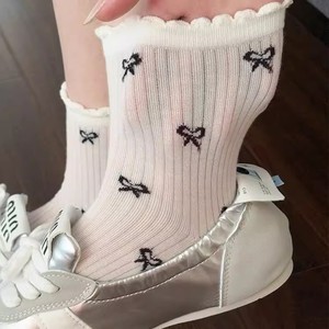 Women's White Breathable Mesh Socks Mid Calf Lace Trim Sweat Absorbing Casual Summer Socks - Product Image 2