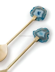 Most Selling Golden Stainless Steel and Natural Agate Salad <b>Server</b> Set for Kitchen Dining <b>Buffet</b> and Food Serving Bulk Supplier - Product Image 2
