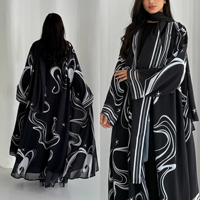Abaya ouverte en polyester à imprimé géométrique noir et blanc élégante avec hijab, robe longue ample pour femmes, pour tous les jours, les fêtes et les occasions spéciales