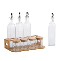Set Cruet kaca 8 buah, dengan rak kayu, toples bumbu dan botol cuka minyak untuk penyimpanan makanan