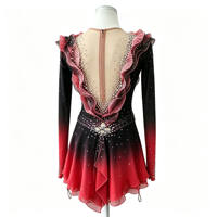 Robe de patinage artistique à volants dégradé noir et rouge, jupe en mousseline ornée de strass, costume de performance à manches longues pour compétition, personnalisable