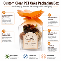 Boîte d'emballage pliable en PET de qualité alimentaire, écologique, transparente, pour la présentation de produits de boulangerie, de collations et de vente au détail
