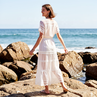 Robe midi en dentelle de coton blanc pour femme, boutonnée sur le devant, manches courtes, style bohème, robe d'été pour resort, fabricant OEM