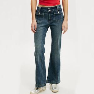 Pantalones Vaqueros de Mujer al por Mayor, Personalizados, Estilo Europeo y Americano, de Tiro Bajo, Acampanados, Lavados, Clásicos, Vintage, en Mezclilla Azul - Product Image 1