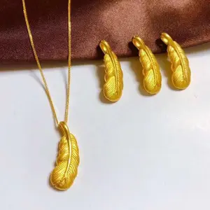 Pawnable 24K oro puro 3D oro duro ciondoli classici ciondolo piuma con collana a catena in oro 18 carati gioielli da donna