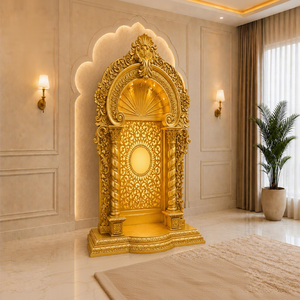 Mandir hindú Om dorado tallado a mano para hogares de lujo, santuario de madera de teca de lujo para sala de Pooja, templo tradicional de madera maciza con acabado dorado. - Product Image 1