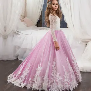 2020 New Arrival Long Sleeves Flower Girls Dresses Pink Lace Dress For結婚式Party Princess Girls Birthday Gowns