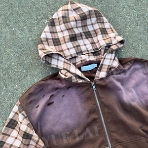 Logo personnalisé 100% coton Patchwork bloc de couleurs à carreaux recadrée lavage à l'acide en détresse <span class=keywords><strong>soleil</strong></span> fané fermeture éclair Vintage à capuche pour hommes - Product Image 6
