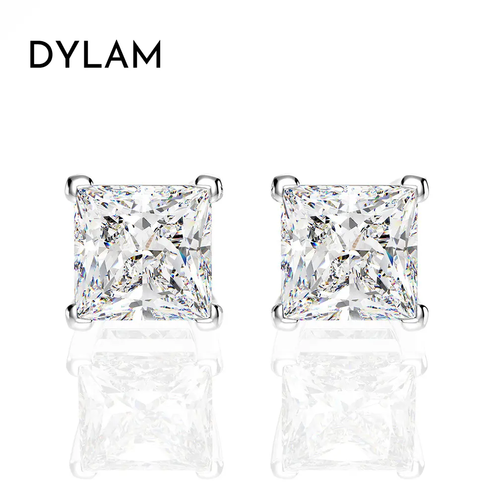 Dylam Wedding Jewelry Collection Princess Cut Silver 925 5AAAAA Cubic Zircon Simulated Diamond Bridal Stud Earrings