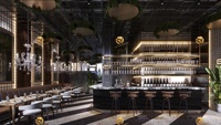 Design d'intérieur de restaurant haut de gamme, ensemble de meubles classiques pour café-bar avec chaises en rotin et table en bois, comptoir de bar personnalisé pour les boissons