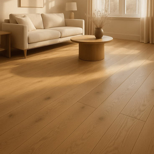 Parquet contrecollé en chêne blanc européen CE, 3 couches, brossé, finition mate UV, qualité ABC, verni, à rainures et languettes, 20 mm, avec présentoir - Product Image 1