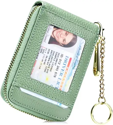 Custom Genuine Leather Credit Card Wallet Zipper Card Cases Holder RFID Credit Card Holder Wallet Keychain with ID Window