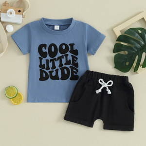 Enfant en bas âge bébé garçon vêtements d'é<span class=keywords><strong>t</strong></span>é ensemble lettre imprimer col rond manches courtes <span class=keywords><strong>T</strong></span>-Shirts taille élastique Shorts 2 pièces enfants tenues - Product Image 1