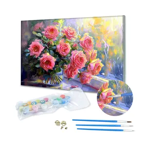 Vaso di fiori rosa pittura a olio per kit di numeri con strumenti a pennello quadro su tela personalizzata per dipingere arte murale di lusso