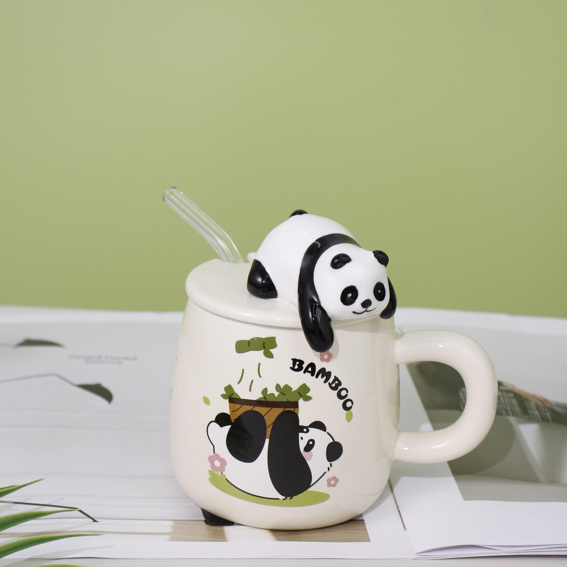 400ml Creative Cute Ceramic Panda Coffee Cup with Lid and Glass Straw Embossed Cartoon Design for Household or Office Use