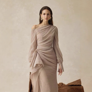 Nouvelle Robe de Soirée Formelle <span class=keywords><strong>Nude</strong></span> 2026 à Épaules Dénudées, Drapée, Manches Cloche, Froncée et Volants, Longueur Midi, pour Fête et Mariage - Product Image 3