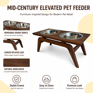 Mid Century Modern Elevated Wood <strong>Dog</strong> <strong>Bowl</strong> <strong>Stand</strong> with Stainless Steel <strong>Bowls</strong> Adjustable <strong>Raised</strong> Wood Pet Feeder - Product Image 2