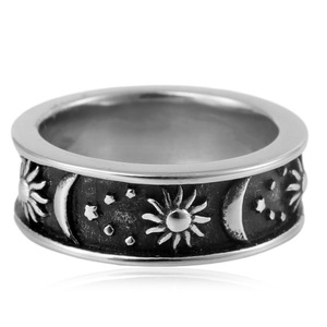 yunnique Sun Moon Stars <b>Titanium</b> Steel <b>Ring</b> Men's Fashion Jewelry Gift Stainless Steel Band Geometric Design Retro Style - Product Image 4