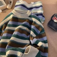 Pulls rayés pour hommes, automne-hiver, chauds, streetwear, tricots à manches longues, col rond, pulls amples, tricots vintage, 100% polyester