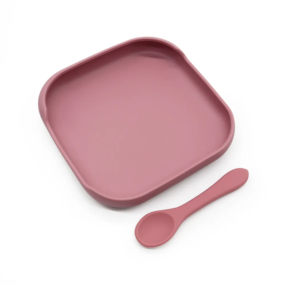 Antiscivolo personalizzato per bambini senza divisori con piastra di alimentazione a ventosa e set di cucchiai piatti quadrati in silicone per bambini senza bpa