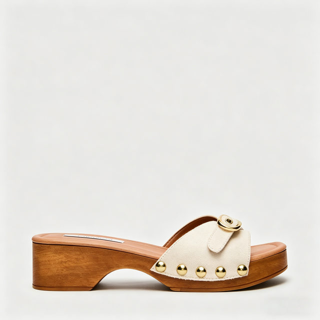 Customized Shoe Manufacturer Women's Wooden Clog Heel Slide Sandals Gold Buckle Studs Comfortable Slip-On Wedge Mules for Summer