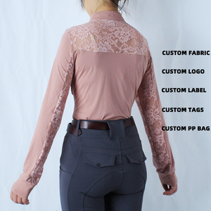 Camisa de equitación verde de manga larga para mujer, blusa ecuestre de encaje, camisa de competición ecuestre con cuello alto de malla - Product Image 3