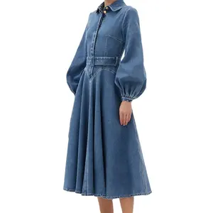 Fashion Balloon Sleeve Denim Dress Custom Premium Casual Belted Long Dress Women