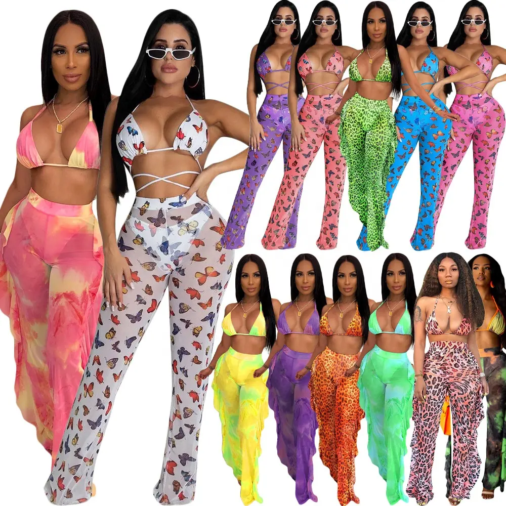 Hot Selling Summer Women Summer Crop Top And Ruffle Wide Leg Pants Hollow Out Beach Bikinis Two Piece Clothes Set
