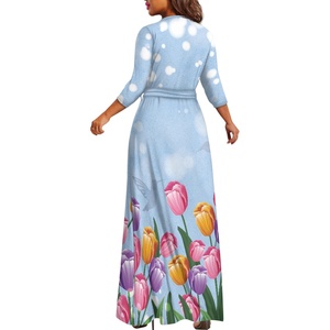 Hot <strong>Tulip</strong> Print V-neck Belt Custom <strong>Dresses</strong> High Waist Maxi <strong>Dress</strong> A-Line Flowy Maxi <strong>Dresses</strong> Wholesale - Product Image 3