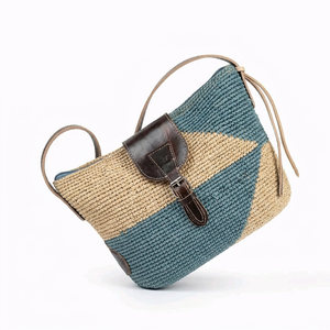 Sac à bandoulière en raphia fait main pour femme, motif géométrique, doublure en polyester, poignée en cuir, fermeture éclair - Grande capacité pour les voyages - Product Image 4