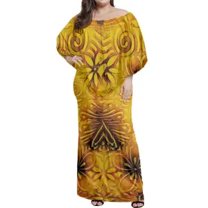 Fall Off Shoulder Dress Polynesian Samoa Tribal Design Custom Long Sleeve A-line Skirt Dress One Shoulder Flare Sleeve Dress