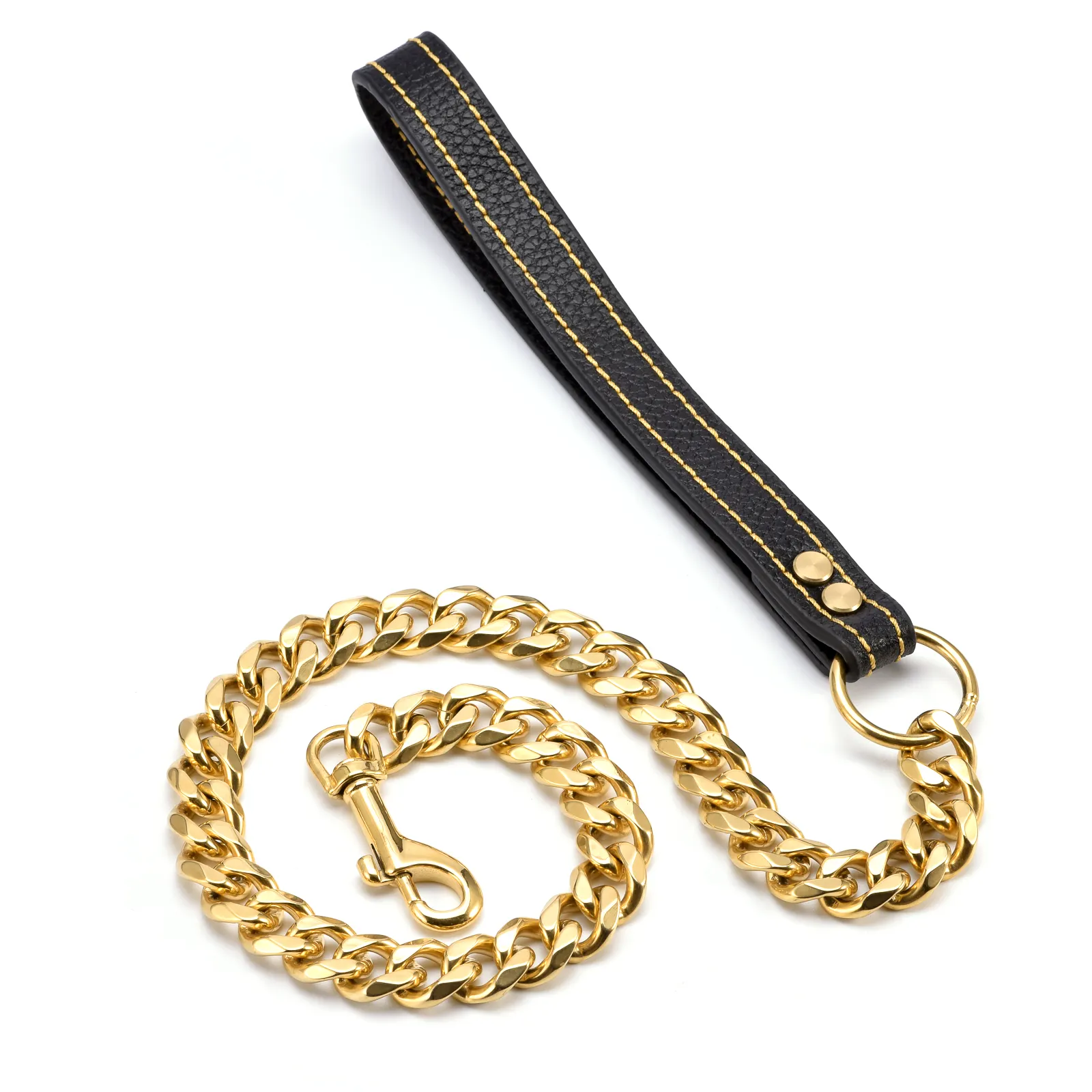 2023 high quality leather handle leads 316l stainless steel gold 15mm/19mm cuban chain dog leash