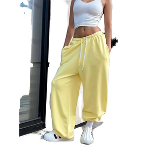 Pantalon Harem Jaune Femme Taille Haute Élastique Coupe Ample Longueur Intégrale Décontracté Automne 100% Coton Tricoté Respirant Uni Large - Product Image 1
