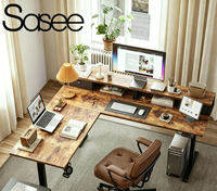Agilestic 63 pouces en forme de L bureau debout électrique brun rustique ergonomique réglable en hauteur 2 tiroirs 2 supports ordinateur bureau