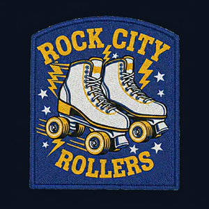 Patch brodé thermocollant Rock City Rollers, motif patins à roulettes, fond bleu, étoile et éclairs - Product Image 1