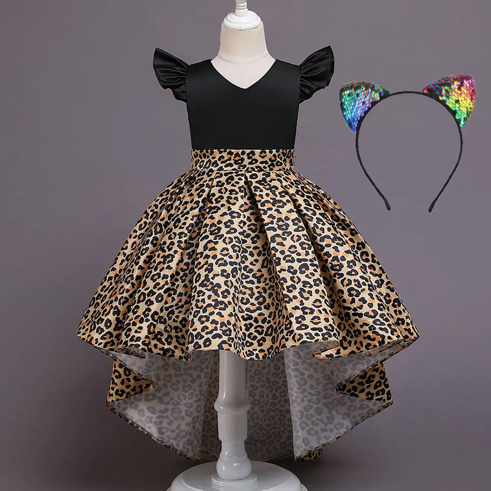 Robe de princesse à imprimé léopard pour filles, robe traîne à col v, Costume d'halloween, Style INS, nouvelle collection